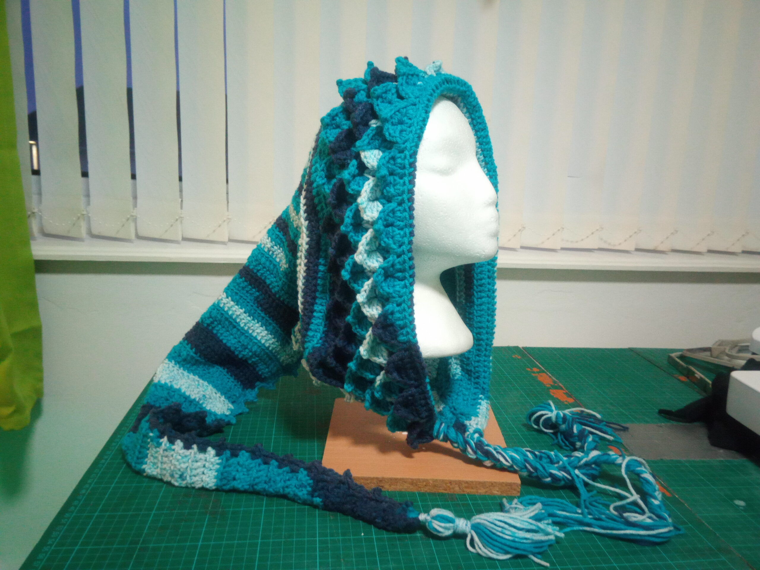 White and blue pixie hood
