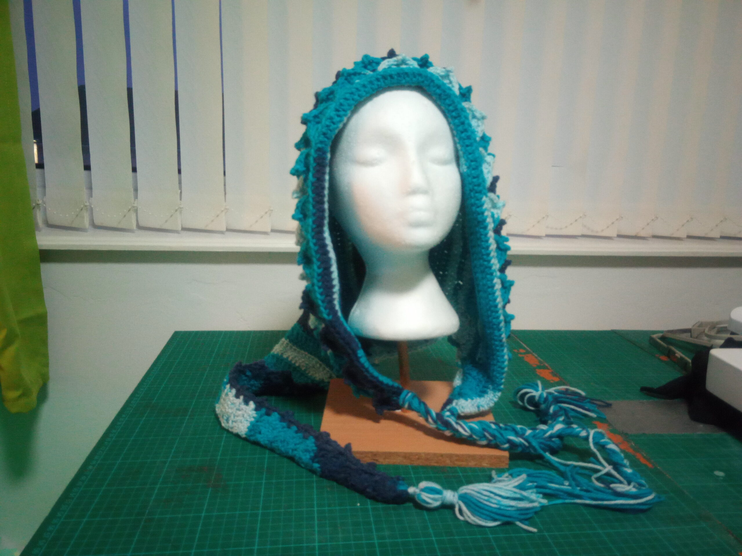 White and blue pixie hood