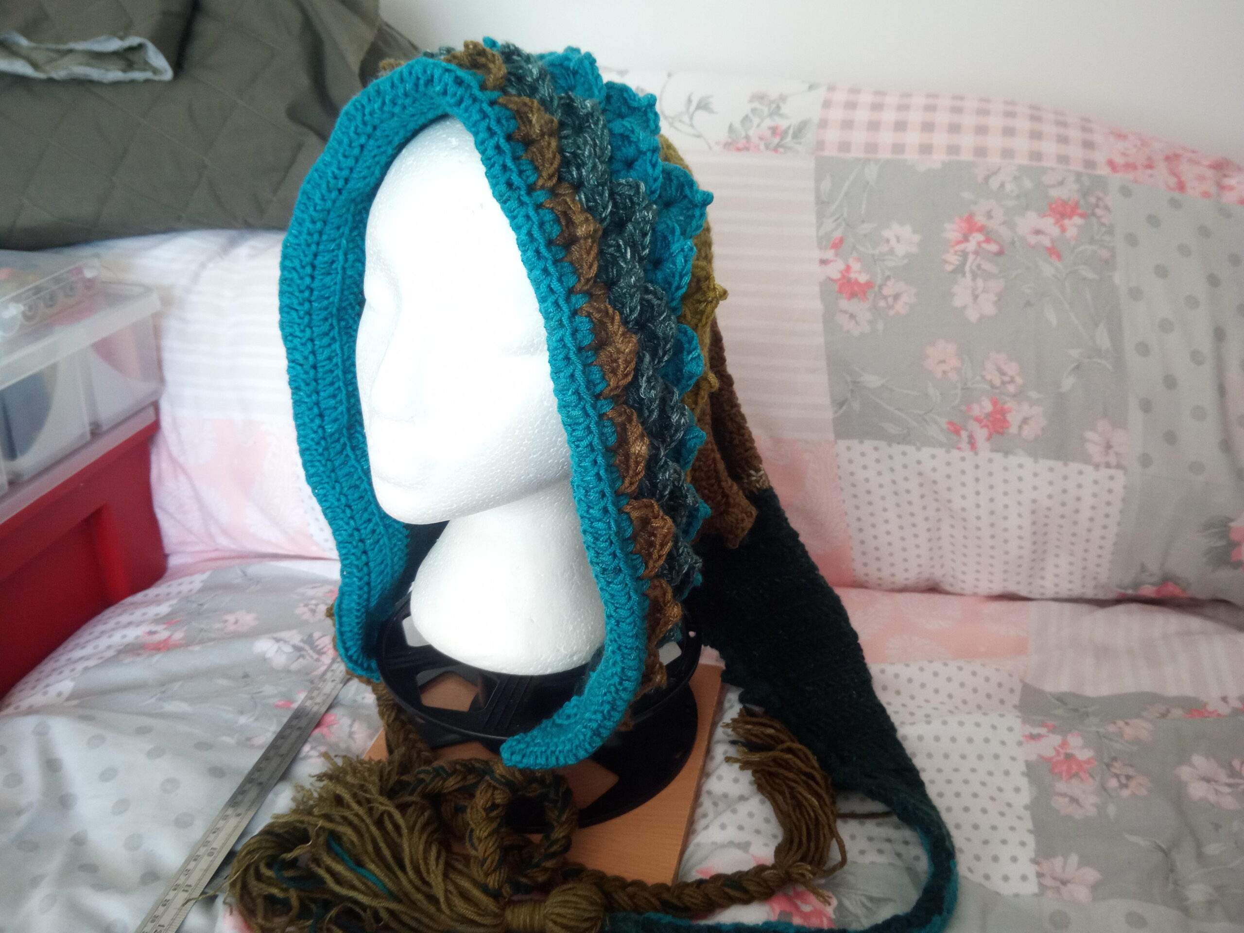 Green and blue pixie hood