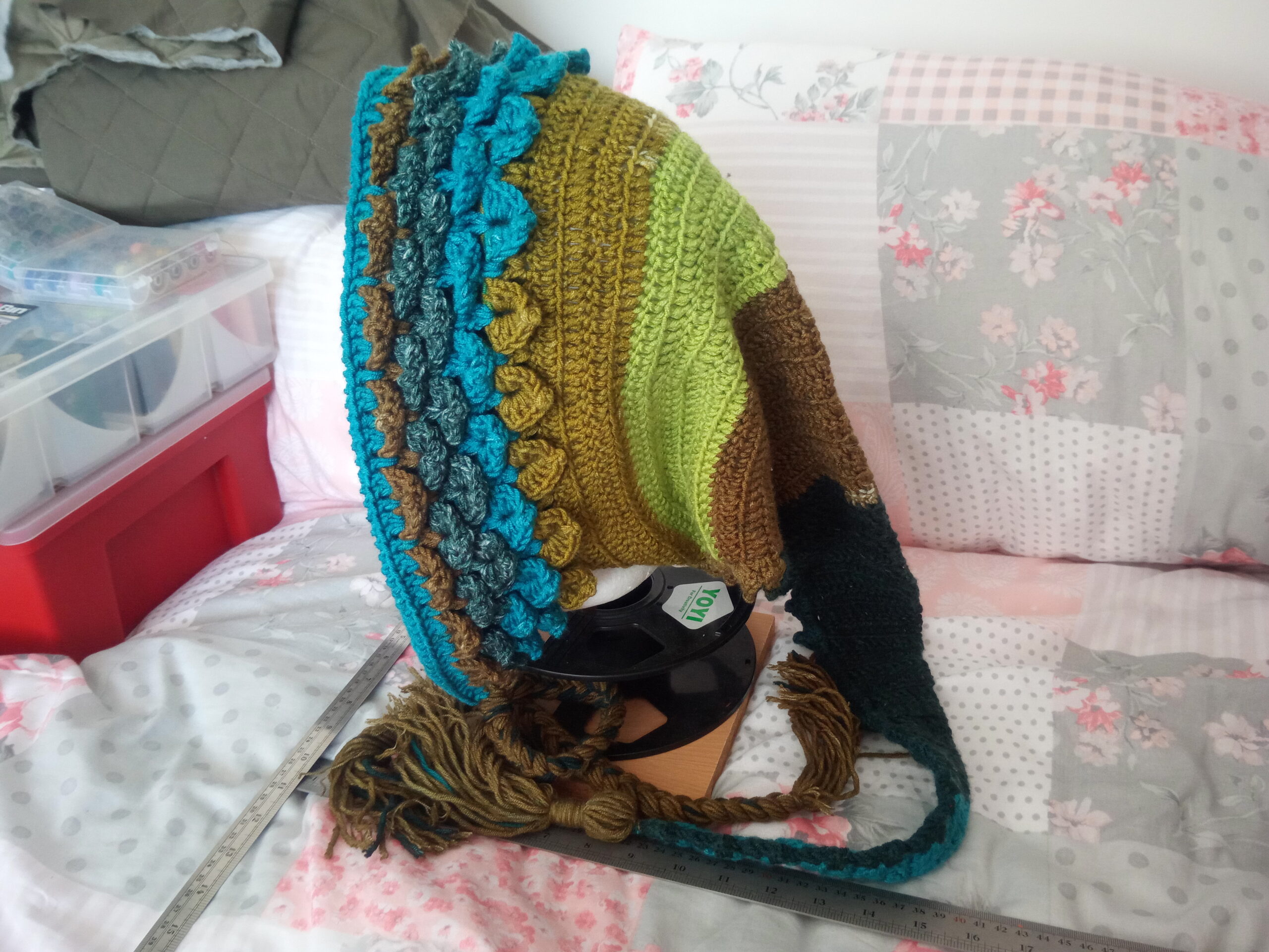 Green and blue pixie hood