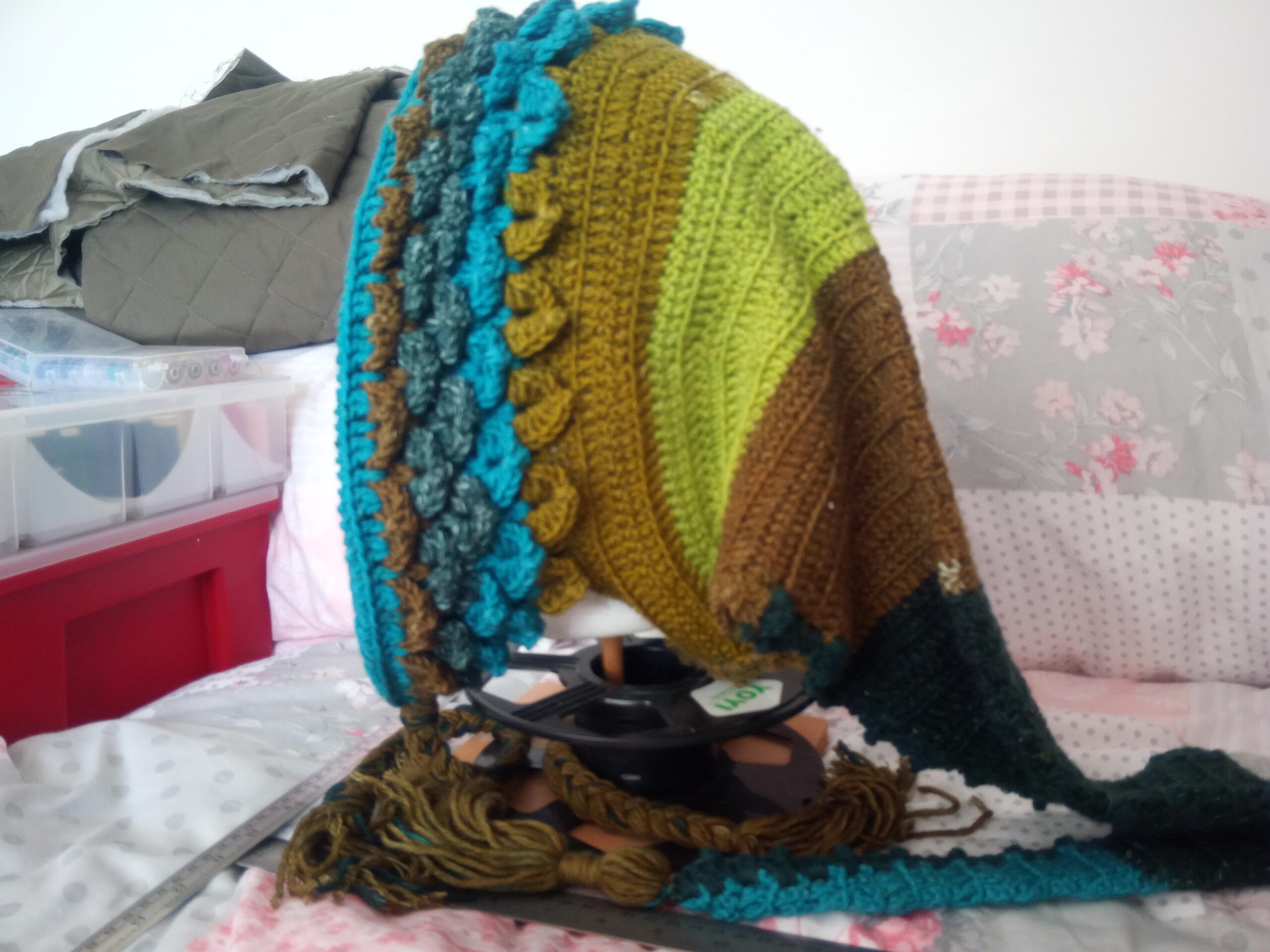 Green and blue pixie hood