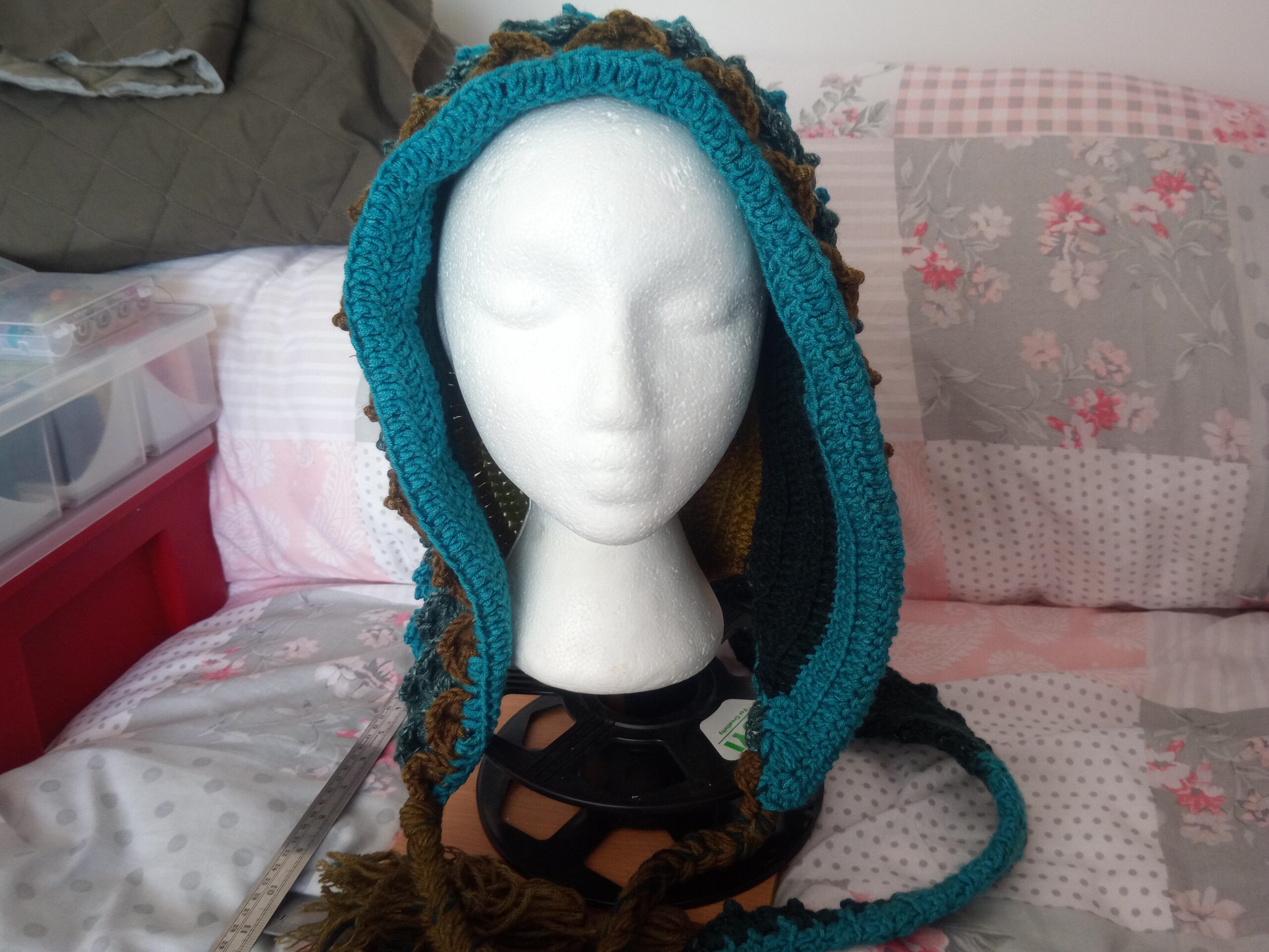 Green and blue pixie hood